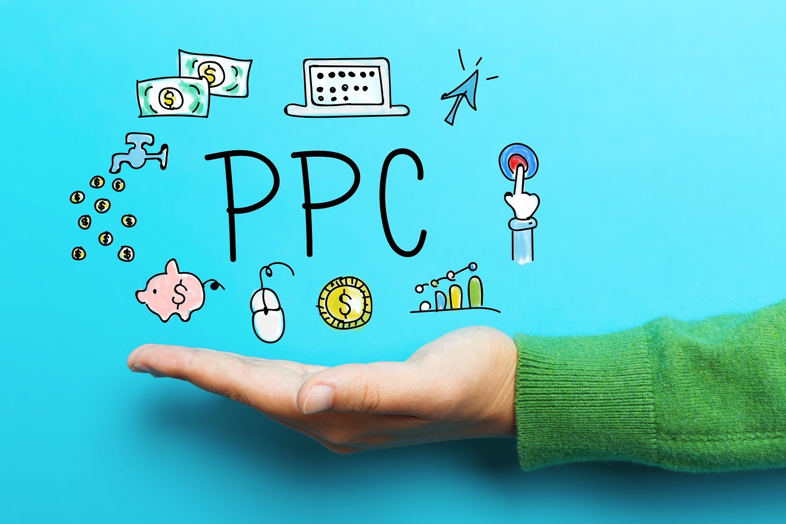 A hand holding a magnifying glass with the text 'PPC campaign management dashboard' written on a blue background.
